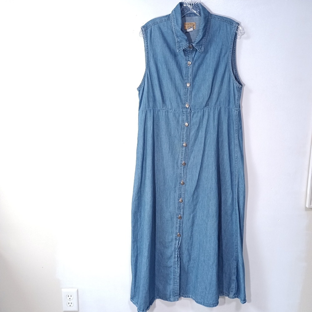 Sostanza 80s Vintage Denim Buttons Up A Line Midi Length Dress size XL USA Made
